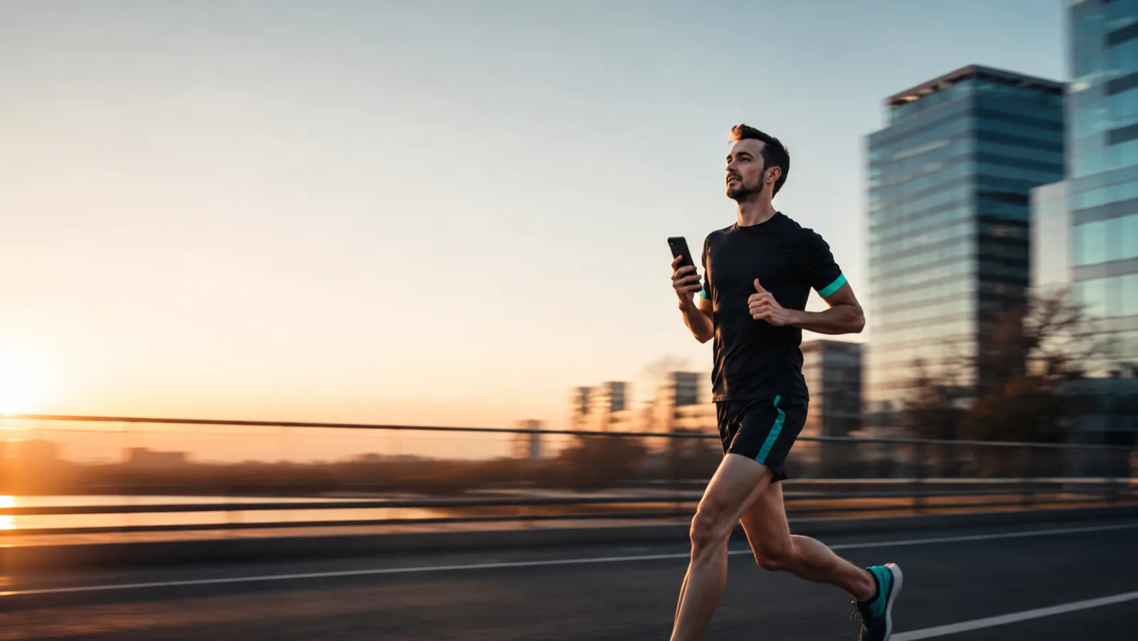 JoVibe — akcesoria sportowe i GSM dla biegaczy Biegaczka w pełnym ruchu z telefonem w opasce sportowej JoVibe na ramieniu — akcesoria GSM dla osób aktywnych